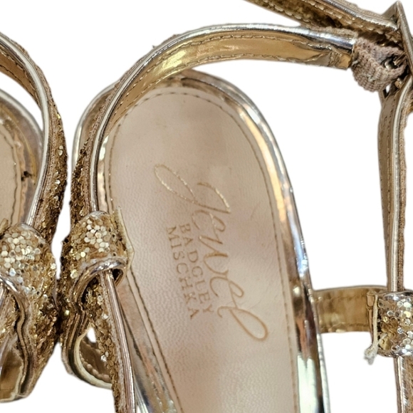 Badgley Mischka Jewel Heels Sz 8 Gold Glitter Sparkle New Years Cocktail Strappy - Picture 11 of 12